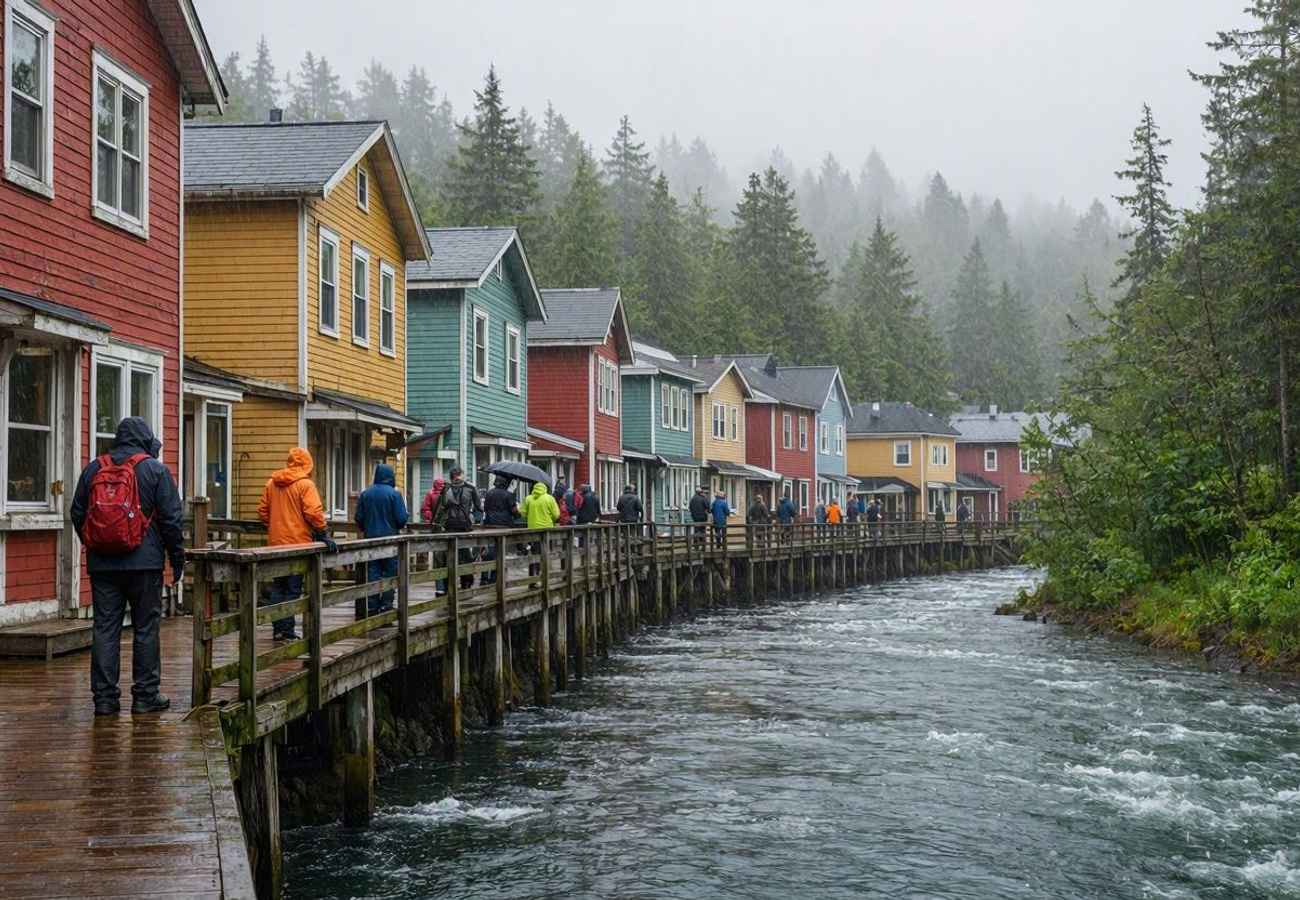 Colorful buildings and boardwalks of Ketchikan Alaska cruise port