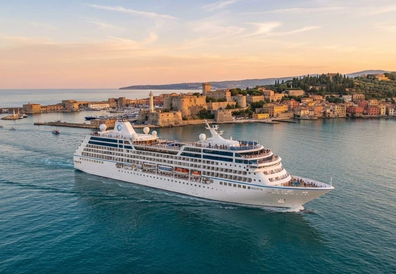 Cruise ship Regatta departing Rome for a year-long global voyage