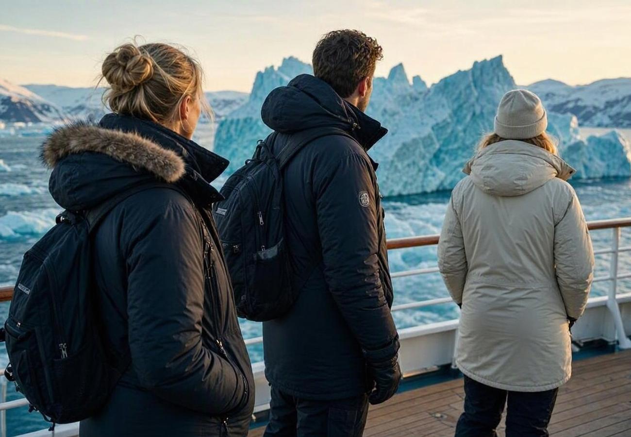 Expedition cruise ship navigating icy polar waters