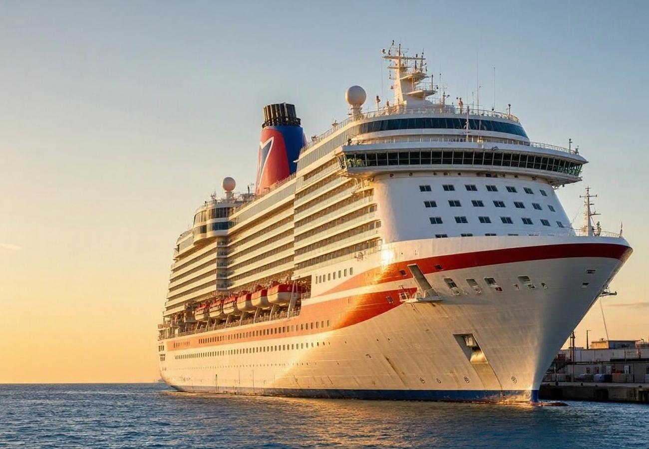 The Carnival Freedom cruise ship docked at a Mediterranean port