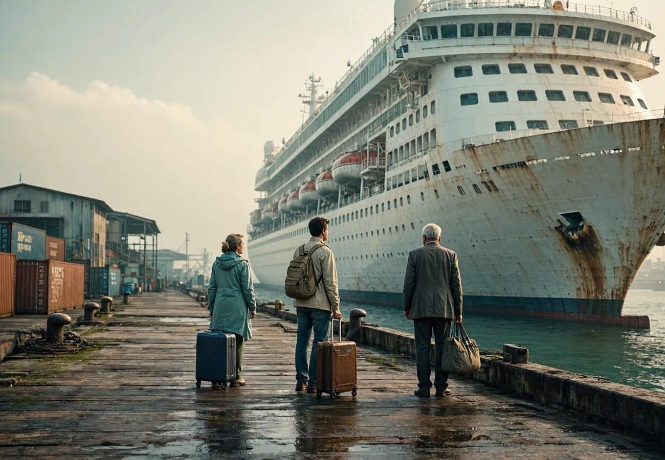 A large residential cruise ship docked in a Cambodian port