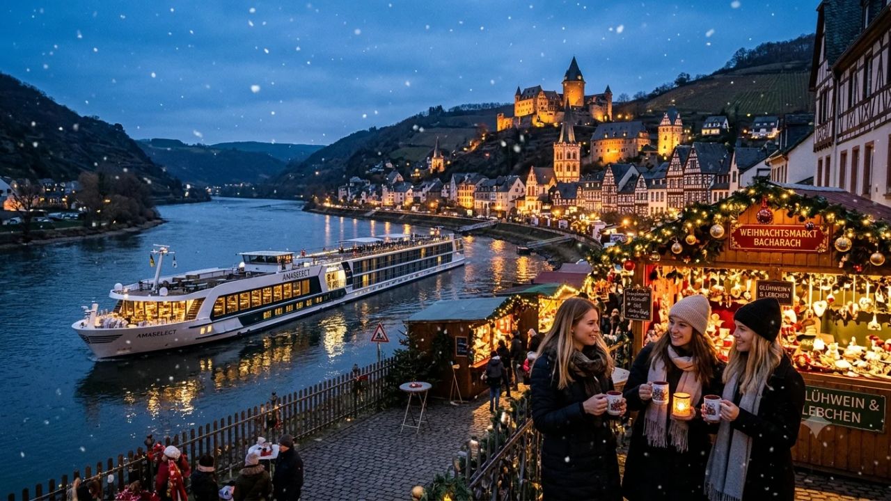 Illuminated European river cruise ship docked along a historic riverbank beside a glowing festive Christmas market with wooden chalets