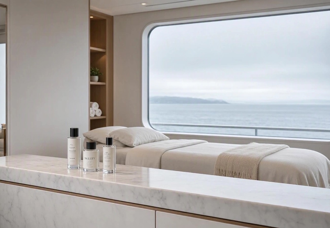 Luxury cruise ship spa interior featuring high-end skincare products