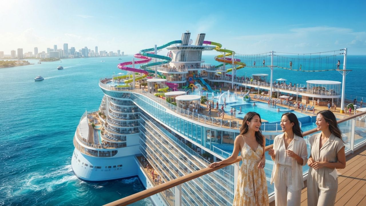 Overview of a modern mega cruise ship featuring top-deck waterparks and amusement rides