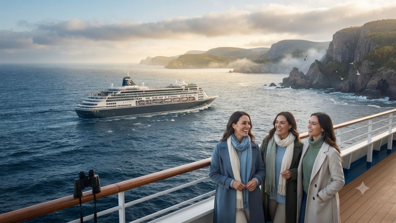 Fred. Olsen cruise ship navigating past icebergs along the Newfoundland coast in Canada