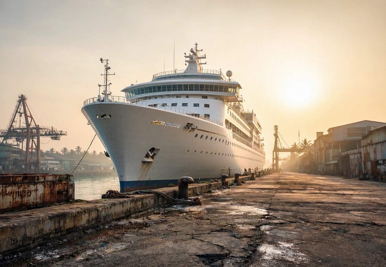 The Villa Vie Odyssey cruise ship docked at Sihanoukville Autonomous Port in Cambodia