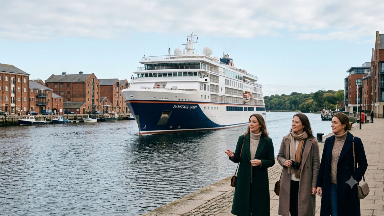 Luxury expedition ship Hanseatic Spirit navigating the scenic River Orwell towards the Port of Ipswich in Suffolk