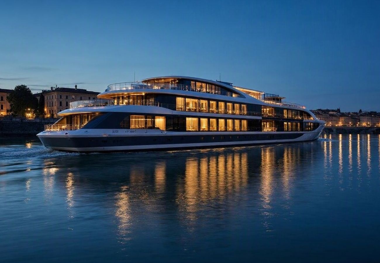 Luxury river cruise vessel docked at a European port