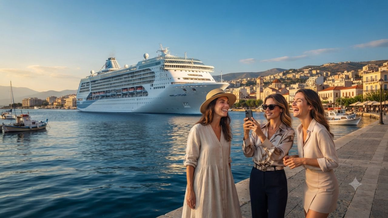 Marella Explorer cruise ship anchored in the Gulf of Patras near the Greek mainland