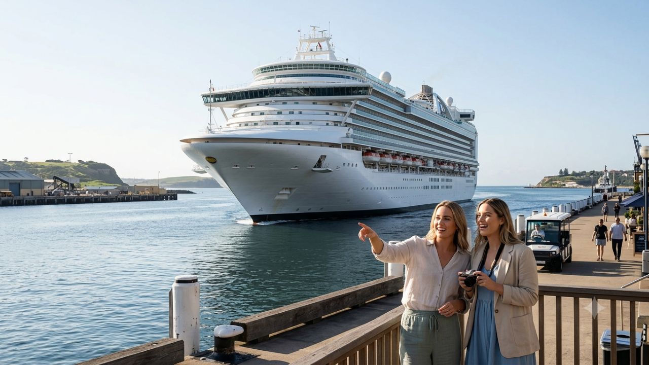 Crown Princess docked at Newcastle Harbour with coastal cityscape in New South Wales Australia
