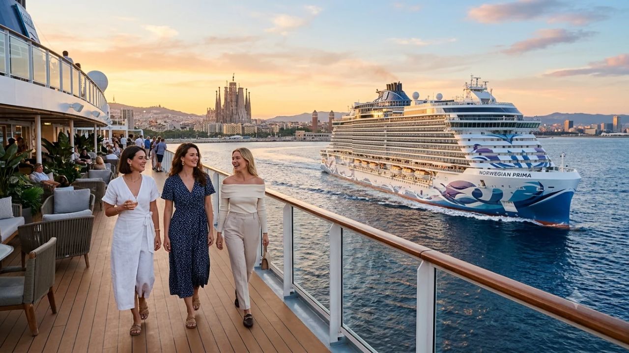 Norwegian Bella luxury cruise ship departing the Port of Barcelona at sunset for Western Mediterranean cruise holidays
