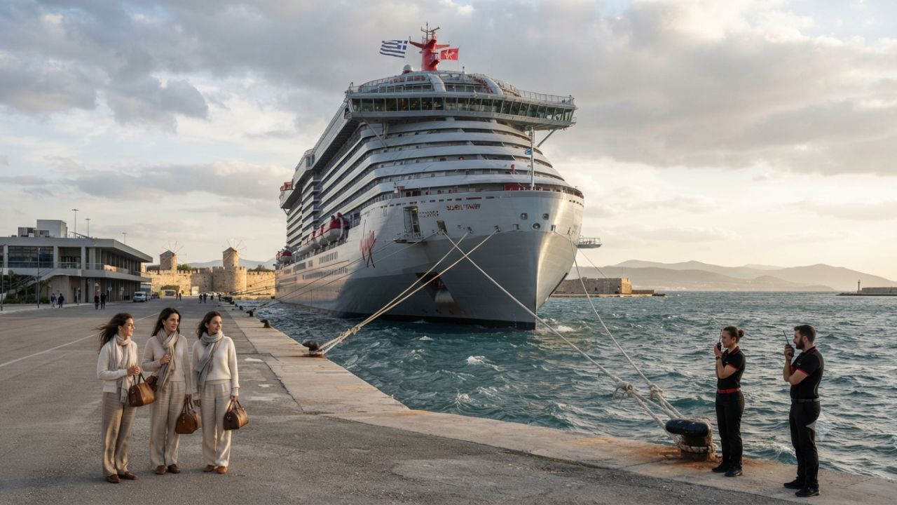 Scarlet Lady Cruise Ship Temporarily Breaks Moorings in Rhodes Greece Amid High Winds