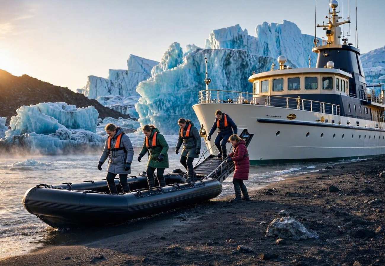 Luxury expedition ship navigating icy waters in Antarctica