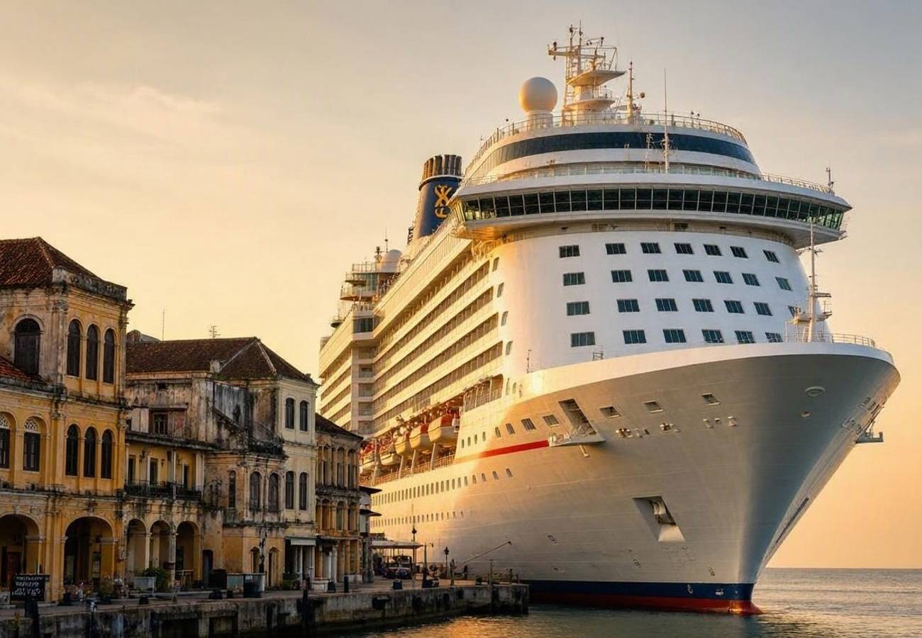 Aerial view of a luxury cruise ship docked at a Southeast Asian port terminal