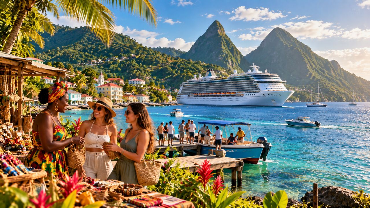 Scenic view of lush green volcanic mountains and turquoise waters of an Eastern Caribbean island port