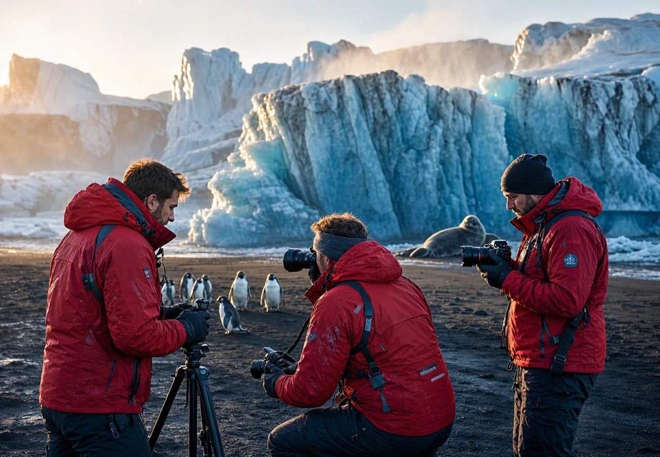 Expedition ship navigating icebergs in Antarctica