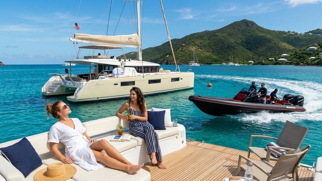 Modern high-speed marine chase boat speeding across clear turquoise Caribbean waters alongside a luxury sailing catamaran in the British Virgin Islands