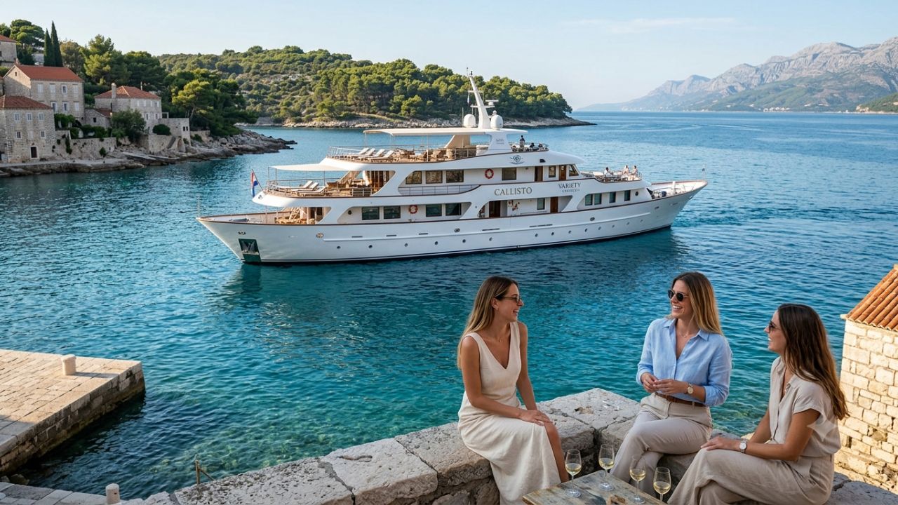 Boutique motor yacht Callisto anchored in a secluded turquoise Adriatic bay in Croatia