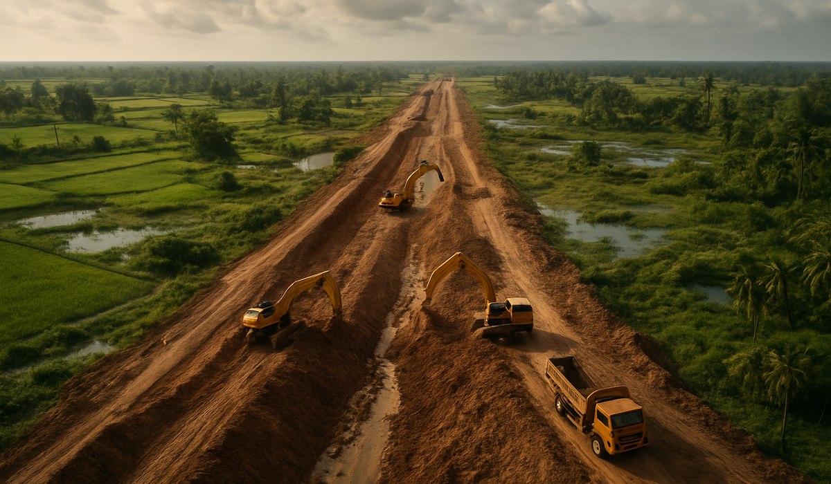 Funan Techo Canal construction in Cambodia, 2026, showing earthworks and navigation infrastructure