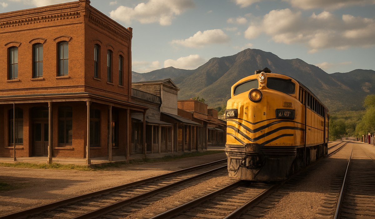 A beautifully cinematic photograph of an incredibly well-preserved dusty rustic 1800s brick railroad depot cleanly standing entirely amidst pristine New Mexico desert scrubland