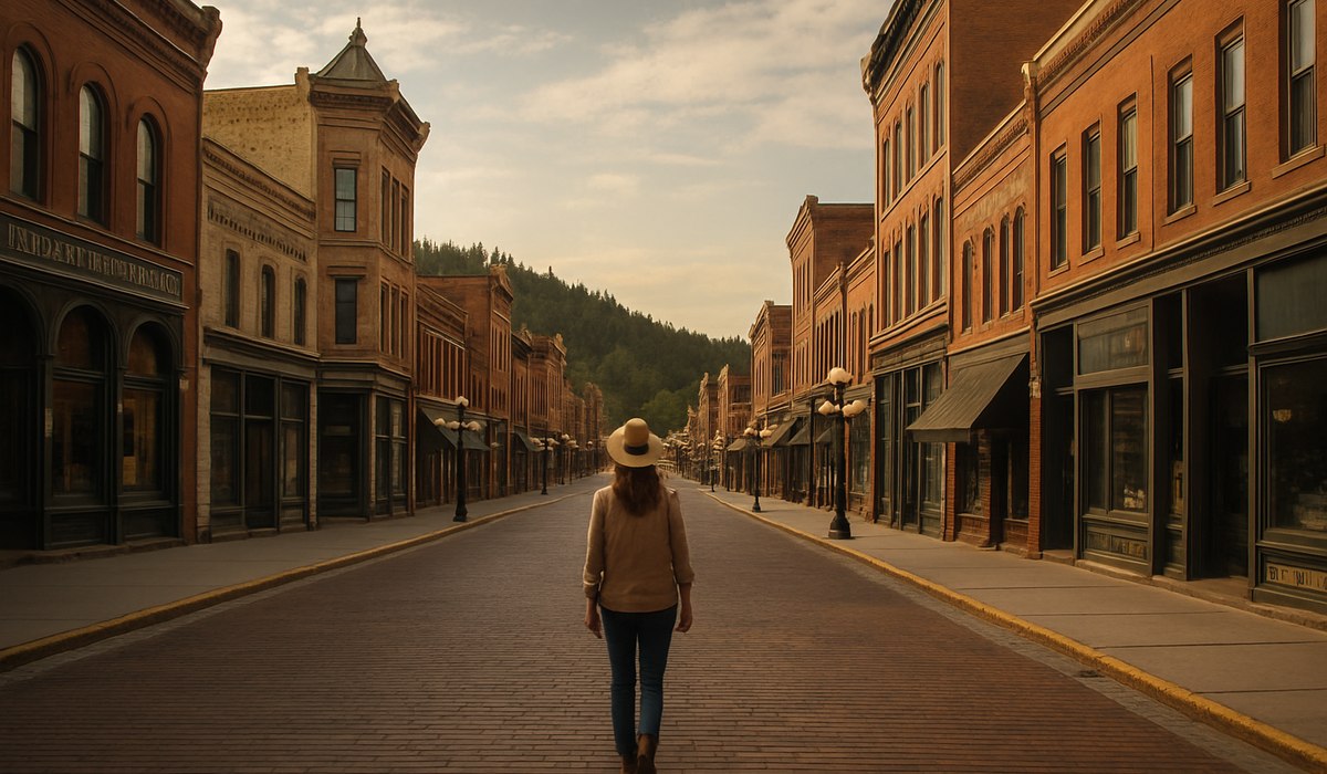 A highly cinematic, extremely sharp focus shot of an incredibly preserved classic 1880s Wild West saloon and boardwalk street gleaming cleanly under sunny South Dakota skies