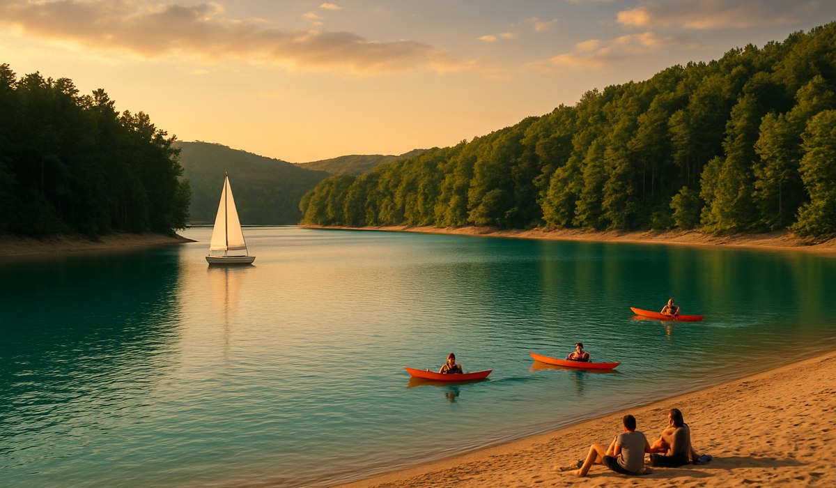 Aerial view of Georgia's scenic artificial lake with sandy beaches and moored boats, 2026