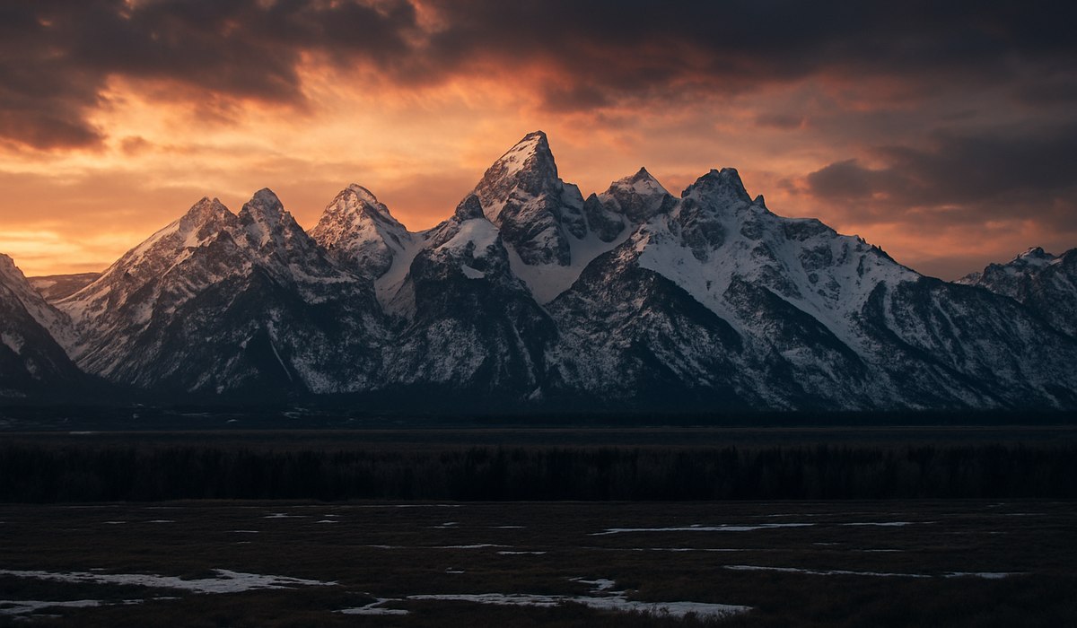 Snow-capped Teton peaks rise above green sagebrush valleys near Jackson, Wyoming in April 2026