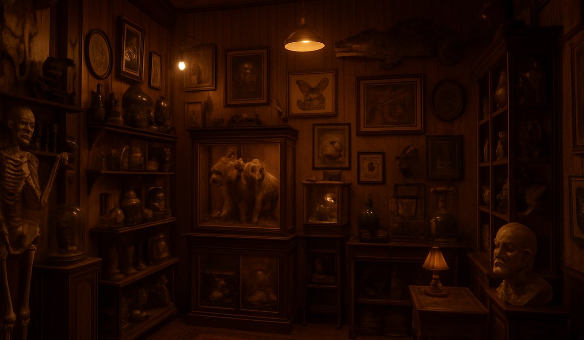 Interior of Wilmington North Carolina's eclectic museum featuring unusual artifacts and oddities on display shelves, 2026