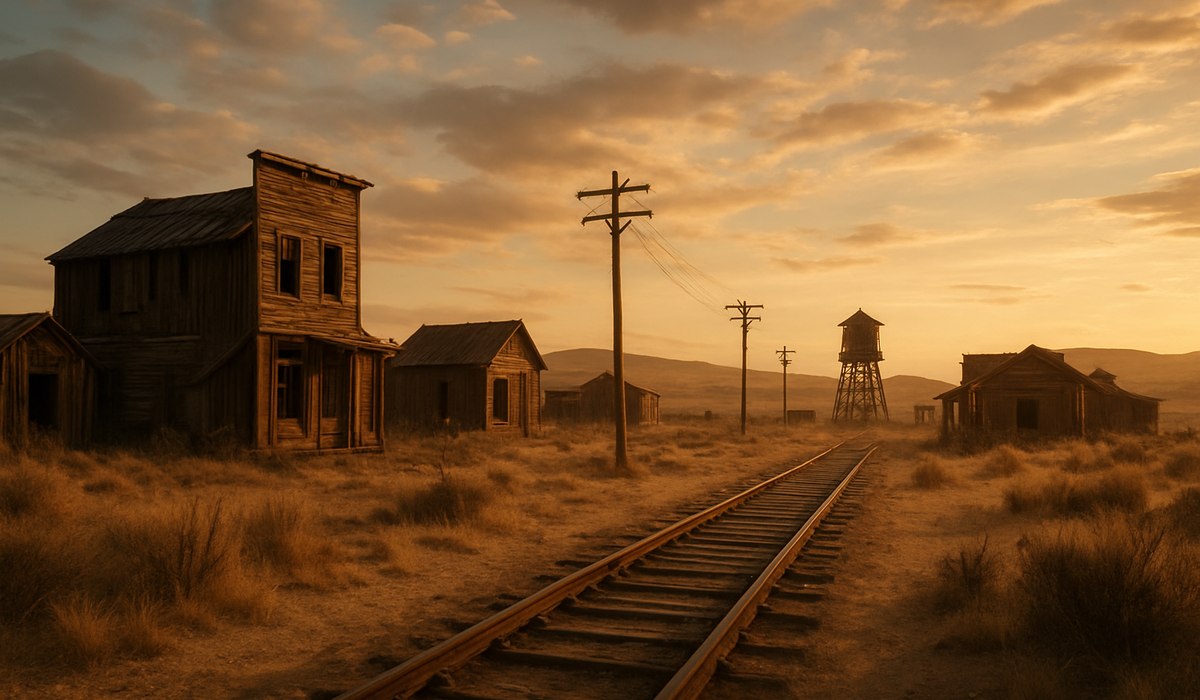 Weathered wooden structures of a South Dakota ghost town abandoned railroad settlement in 2026