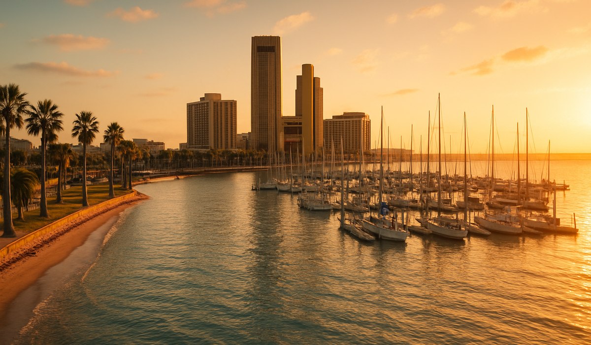 Corpus Christi waterfront skyline reflecting in bay waters, 2026