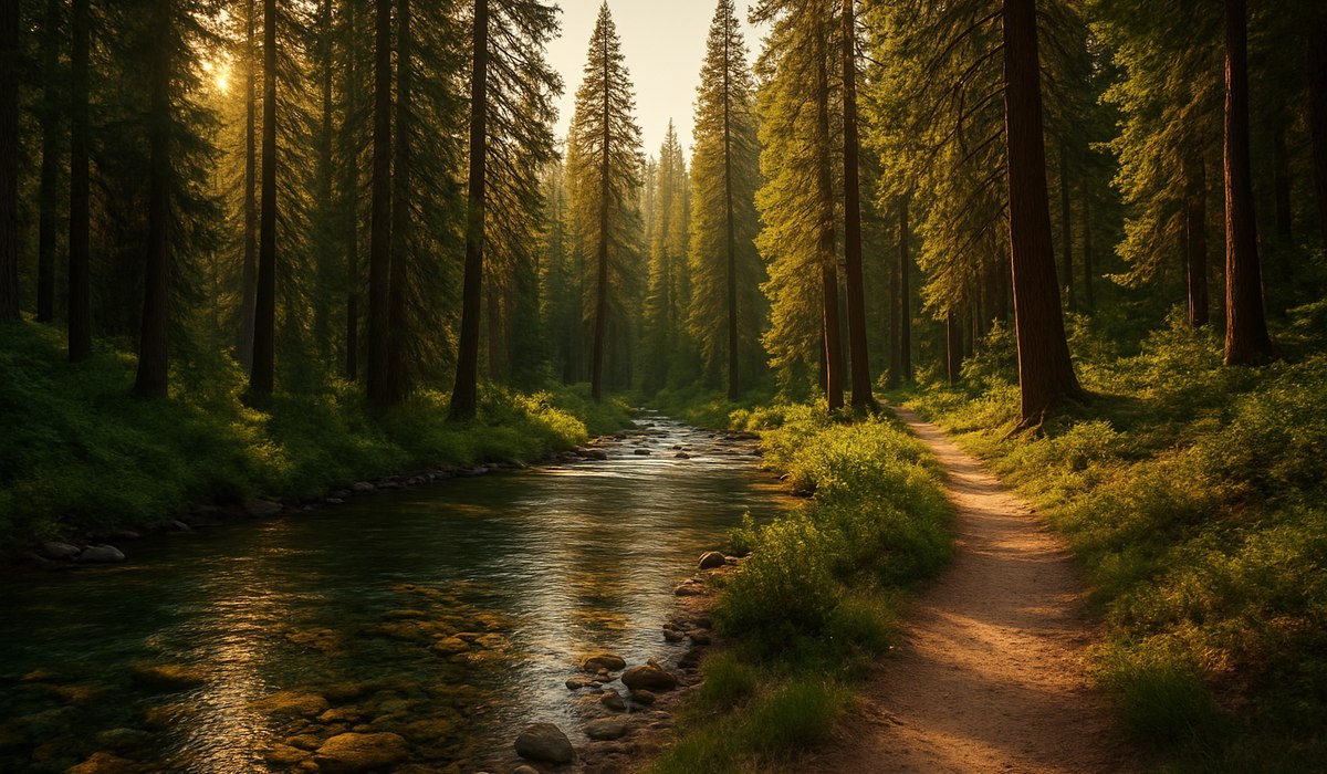 Serene river valley in California national forest with hiking trail and forest canopy, 2026