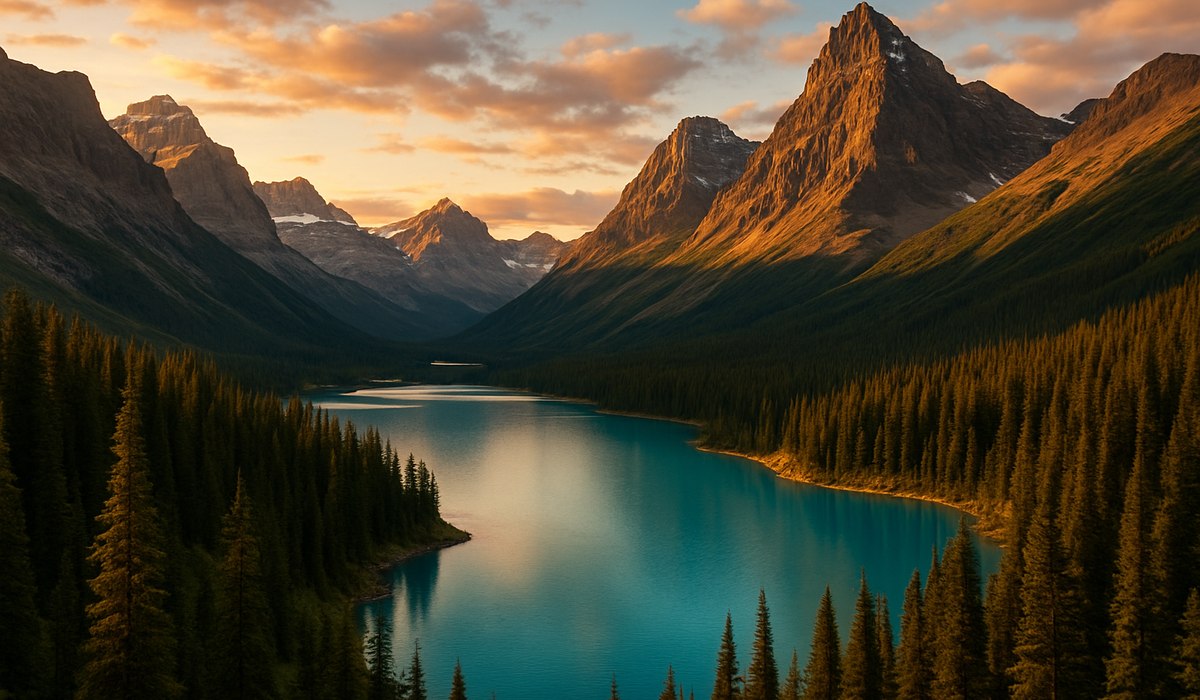 Scenic alpine valley with turquoise lake surrounded by snow-capped peaks in Alberta's Rocky Mountains, 2026