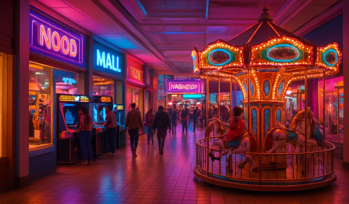 Canada nostalgic mall Toronto interior with neon signage and vintage arcade games, May 2026