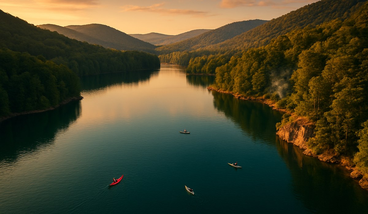 Crystal-clear mountain lake nestled in Kentucky Appalachian foothills with waterfront camping setup, 2026