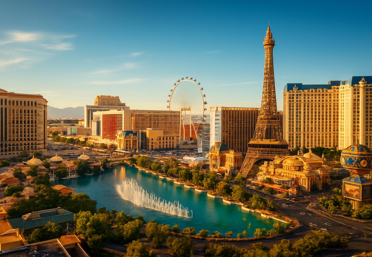Vibrant Las Vegas nightlife scene with rooftop bars and neon lights