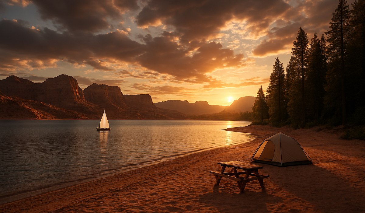 Lakeside Utah state camping site between Provo and Nevada border with desert mountains, 2026