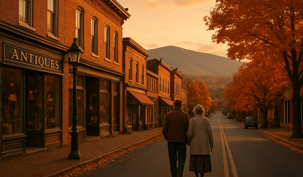 Historic downtown street in Shenandoah Valley Virginia small city with antique shops and senior visitors, 2026