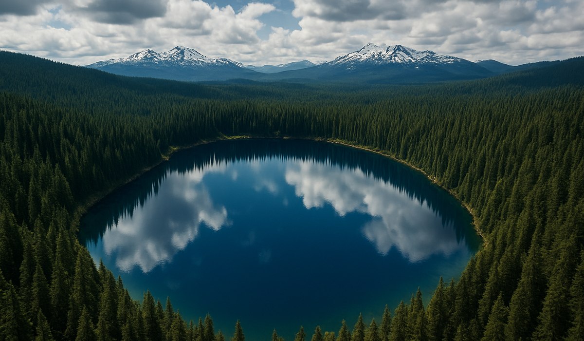 Volcanic crater lake in Washington state with Mount Rainier visible in distance, 2026