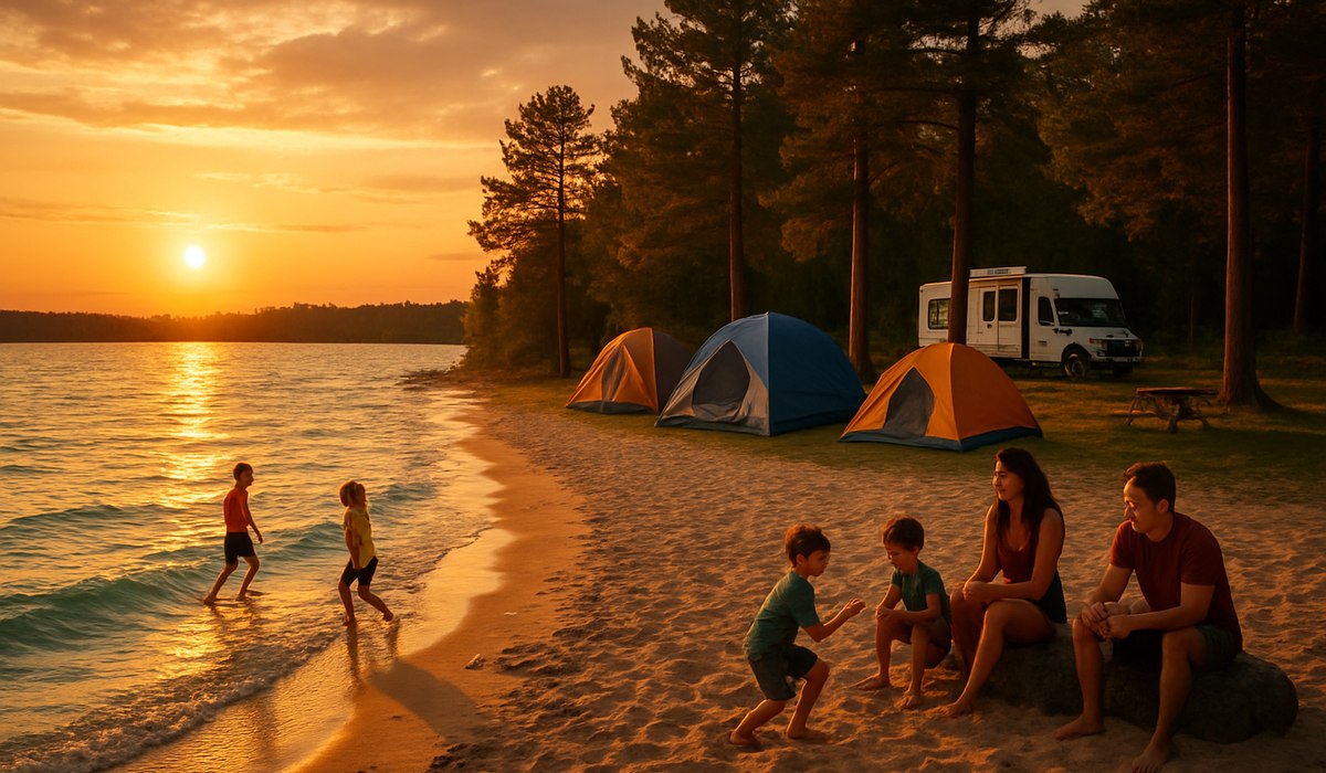 Aerial view of Wisconsin beach campground near Milwaukee with RV sites and lakeside tent camping areas, summer 2026