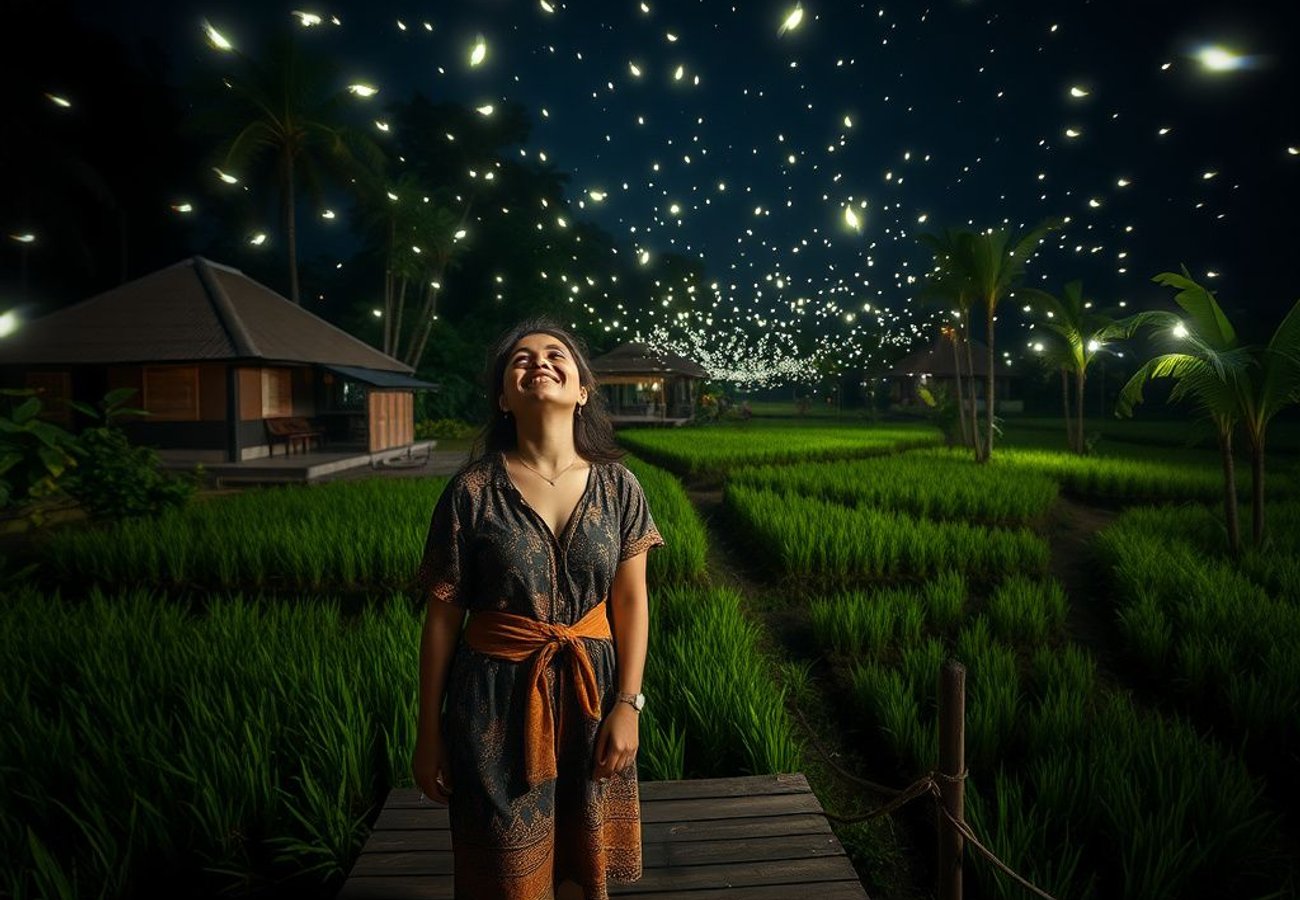 Fireflies illuminating the night sky above traditional Balinese rice terraces in Taro village
