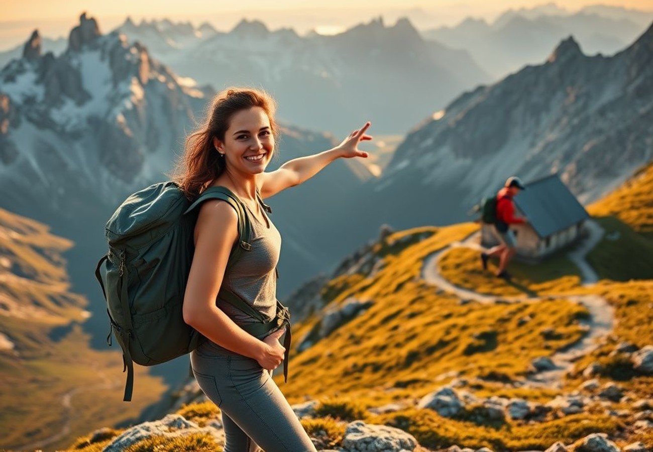 Hikers on a mountain trail in the European Alps with valley views below