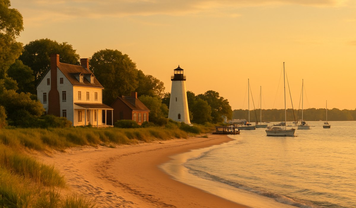 Colonial Beach, Virginia waterfront with sailboats and historic downtown storefronts in 2026