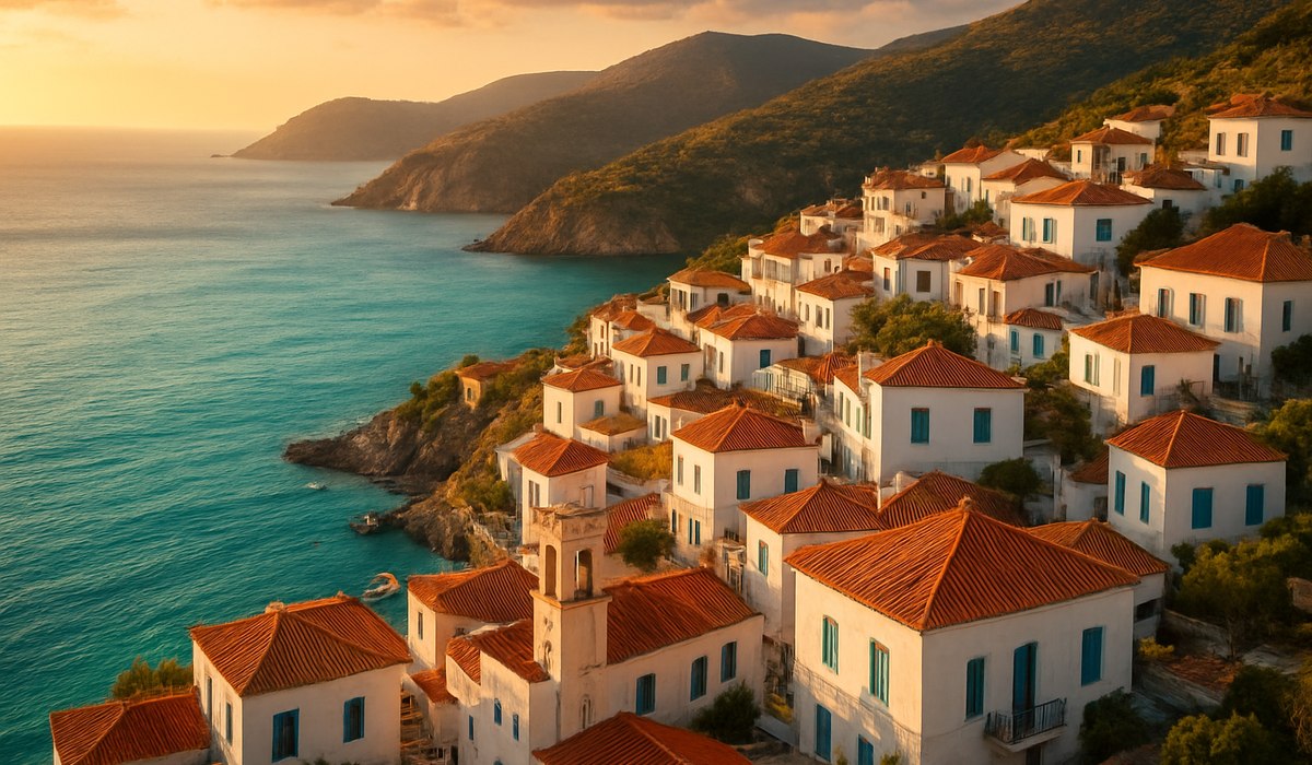 Coastal Mediterranean village with whitewashed buildings overlooking turquoise waters, 2026
