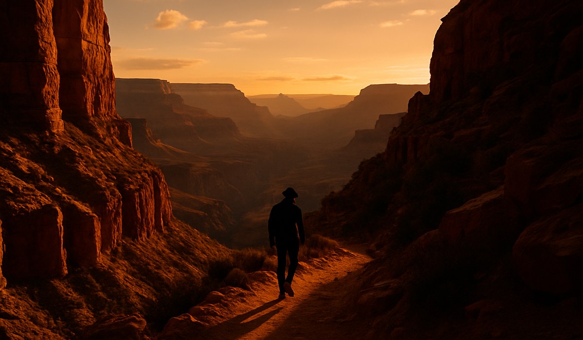 Hiker standing on lesser-known Grand Canyon trail with scenic views of canyon walls, 2026