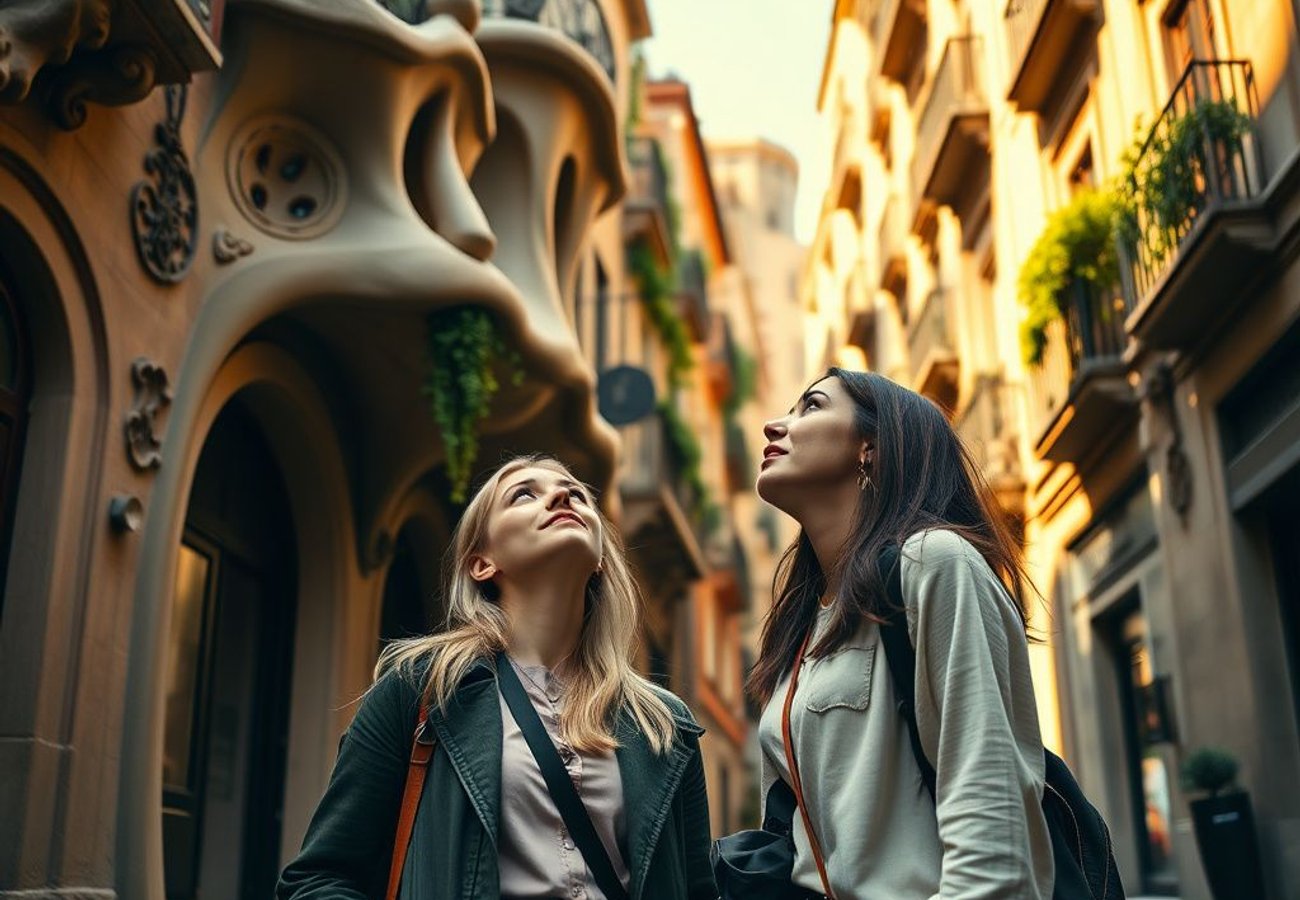 Casa Batlló's shimmering wave-like facade with blue and purple trencadís tilework in Barcelona's Eixample district