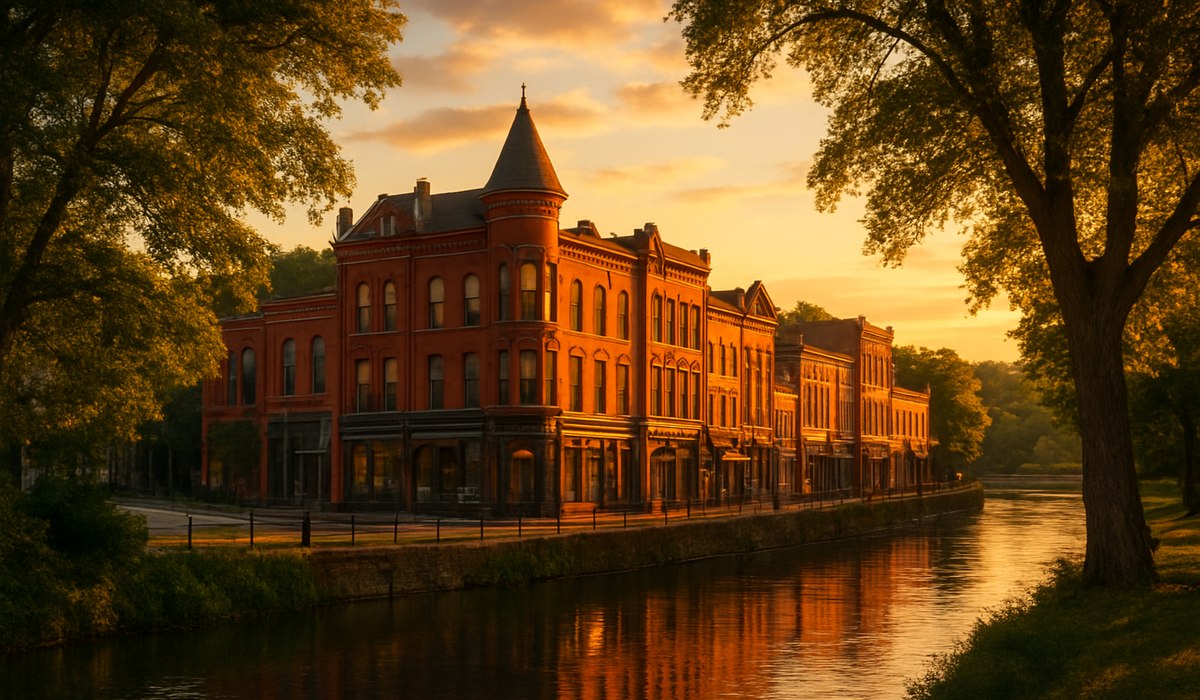 Historic riverfront district in Illinois city with Victorian architecture and riverside parks, 2026