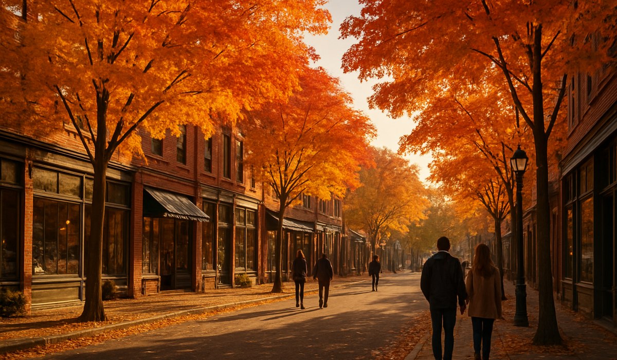 Walkable downtown district with beautiful maple trees in full autumn color, Kansas, 2026