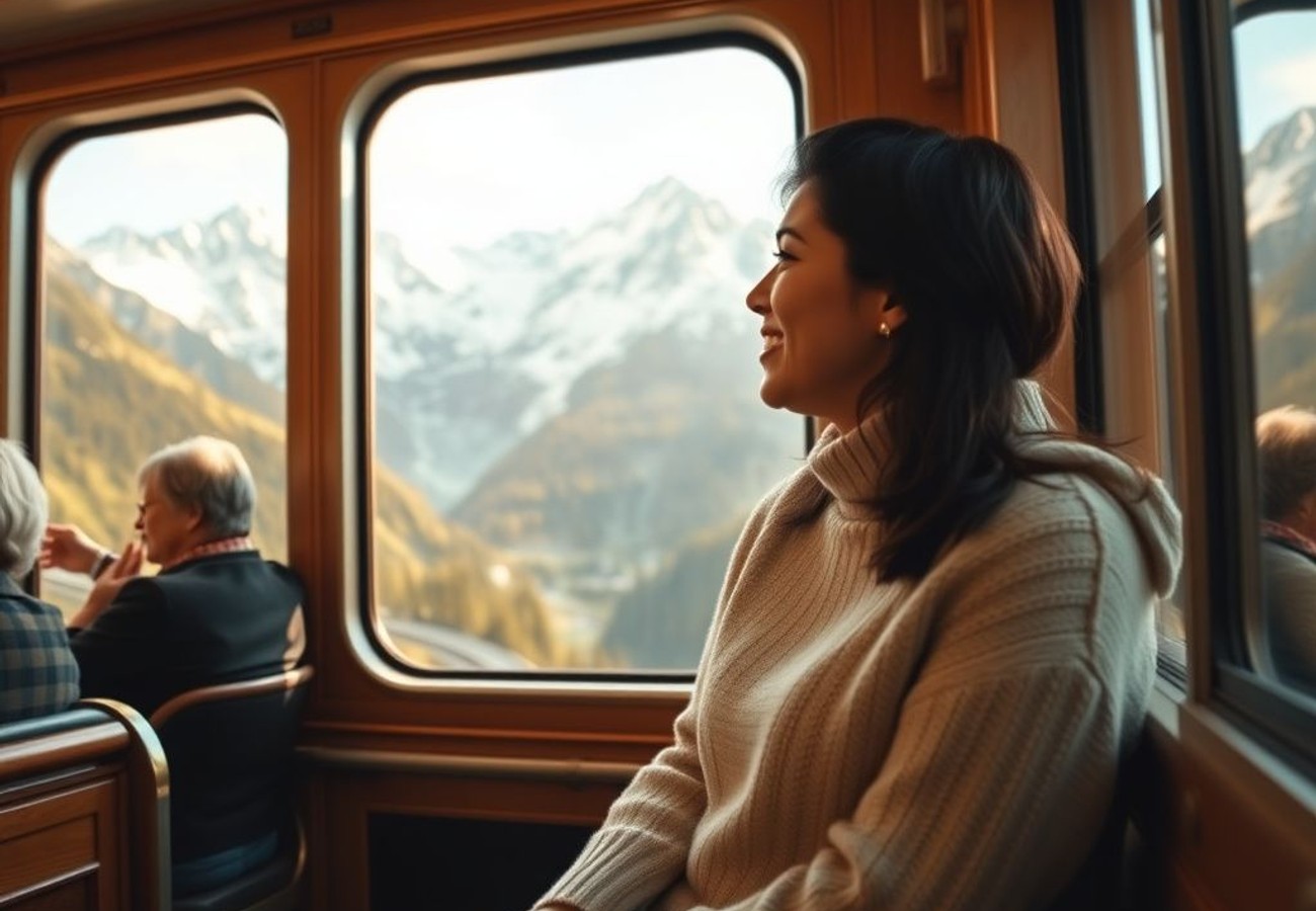 Red Bernina Express train traveling through Swiss Alpine mountains with snow-capped peaks