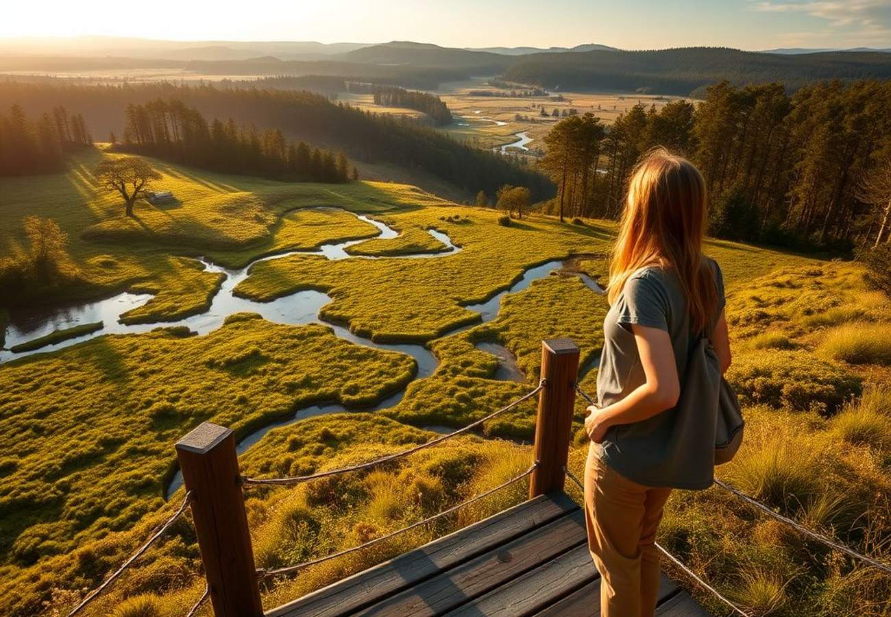 Lush rewilded landscape with restored forest, grazing wildlife, and clear waterfall in mountainous terrain