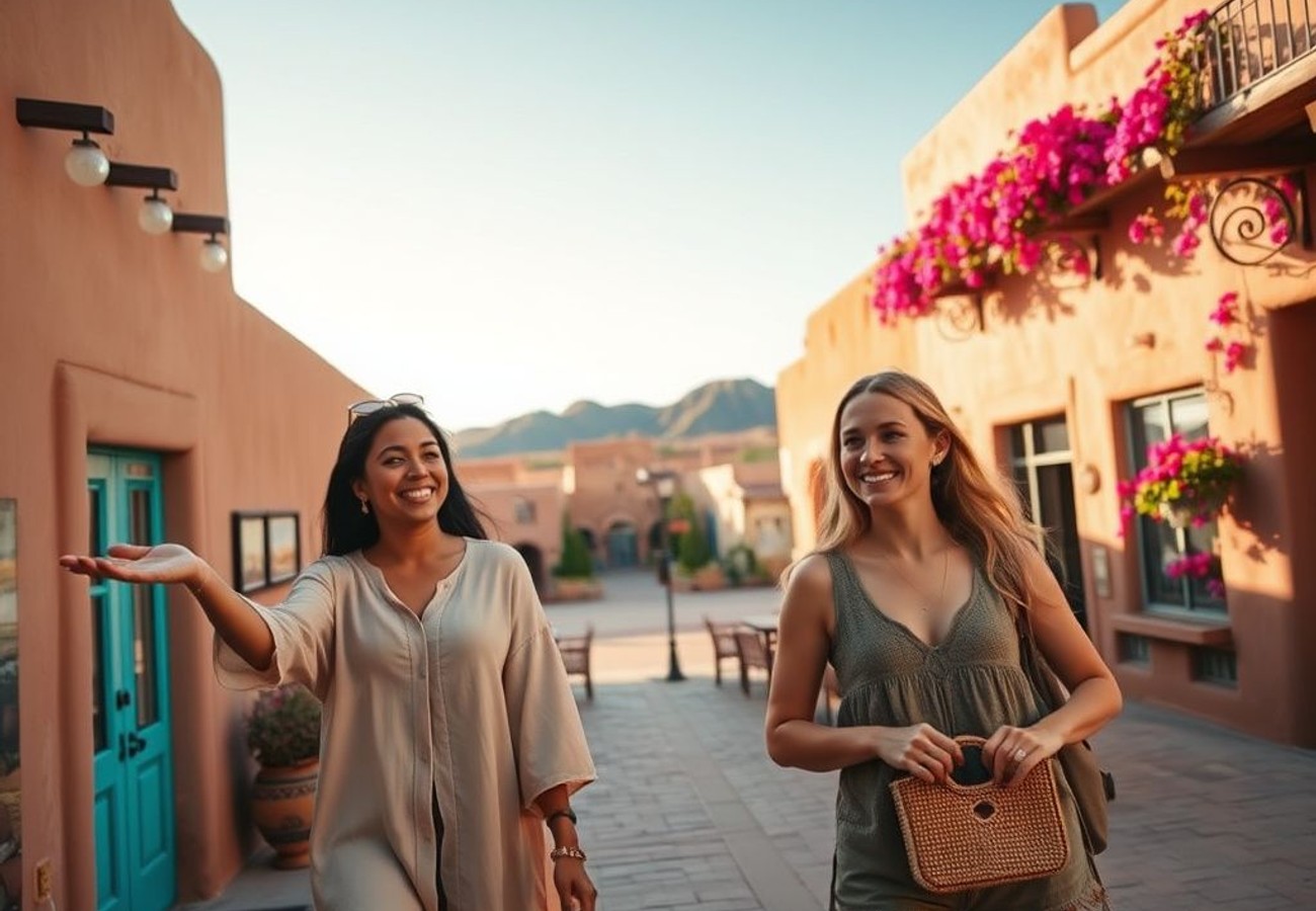 Downtown Santa Fe historic plaza with adobe architecture and tourists enjoying summer season